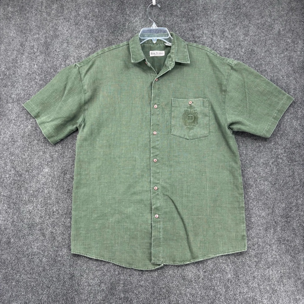 Brian Brothers Green Linen Short Sleeve Button Up Shirt Men’s Medium Preppy